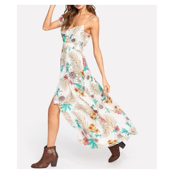 White Tropical Print Maxi Dress Asymmetrical Sleeve Button Down - Picture 5 of 6